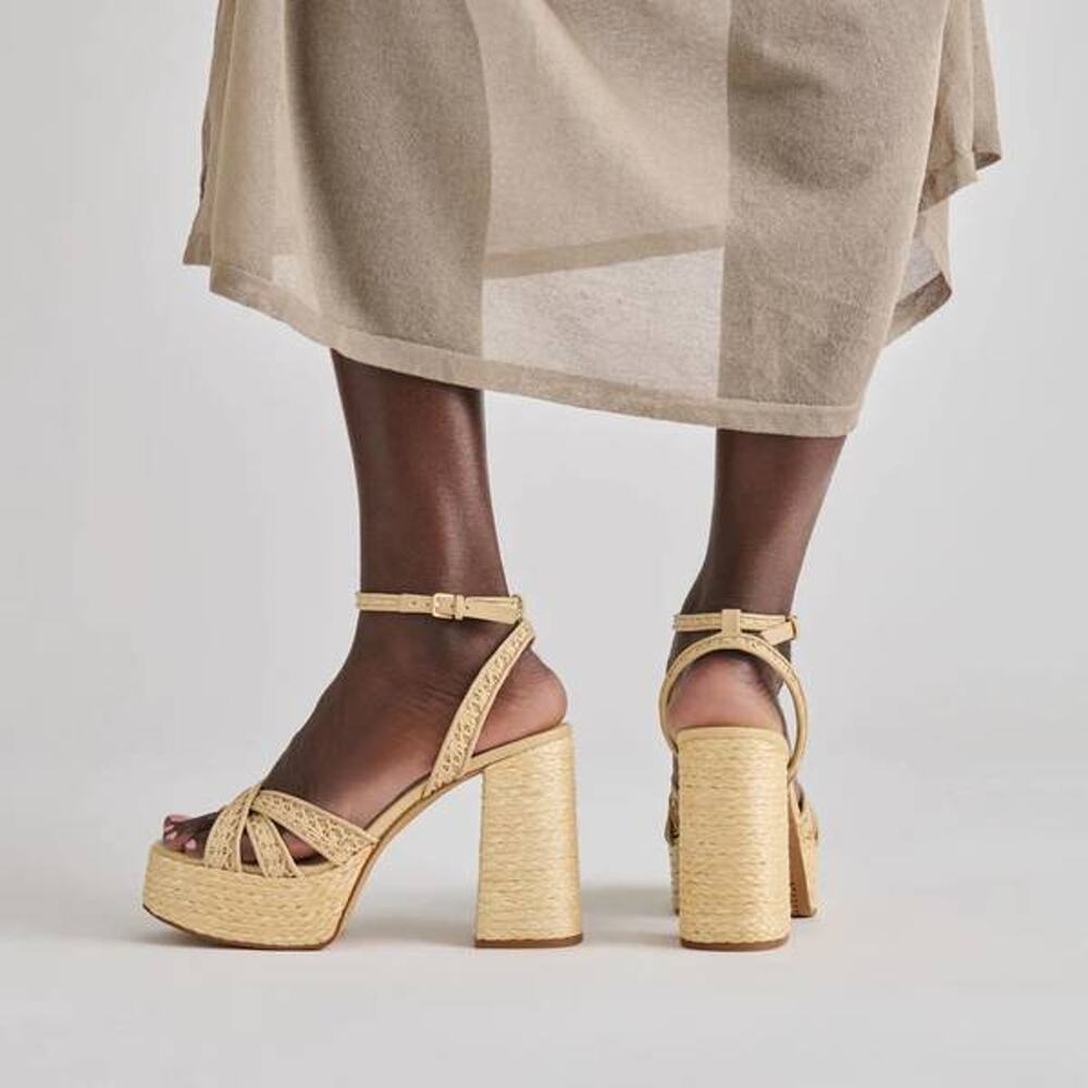 Dolce Vita Danila Platform Heels in Light Natural Cross Hatch Raffia 8.5